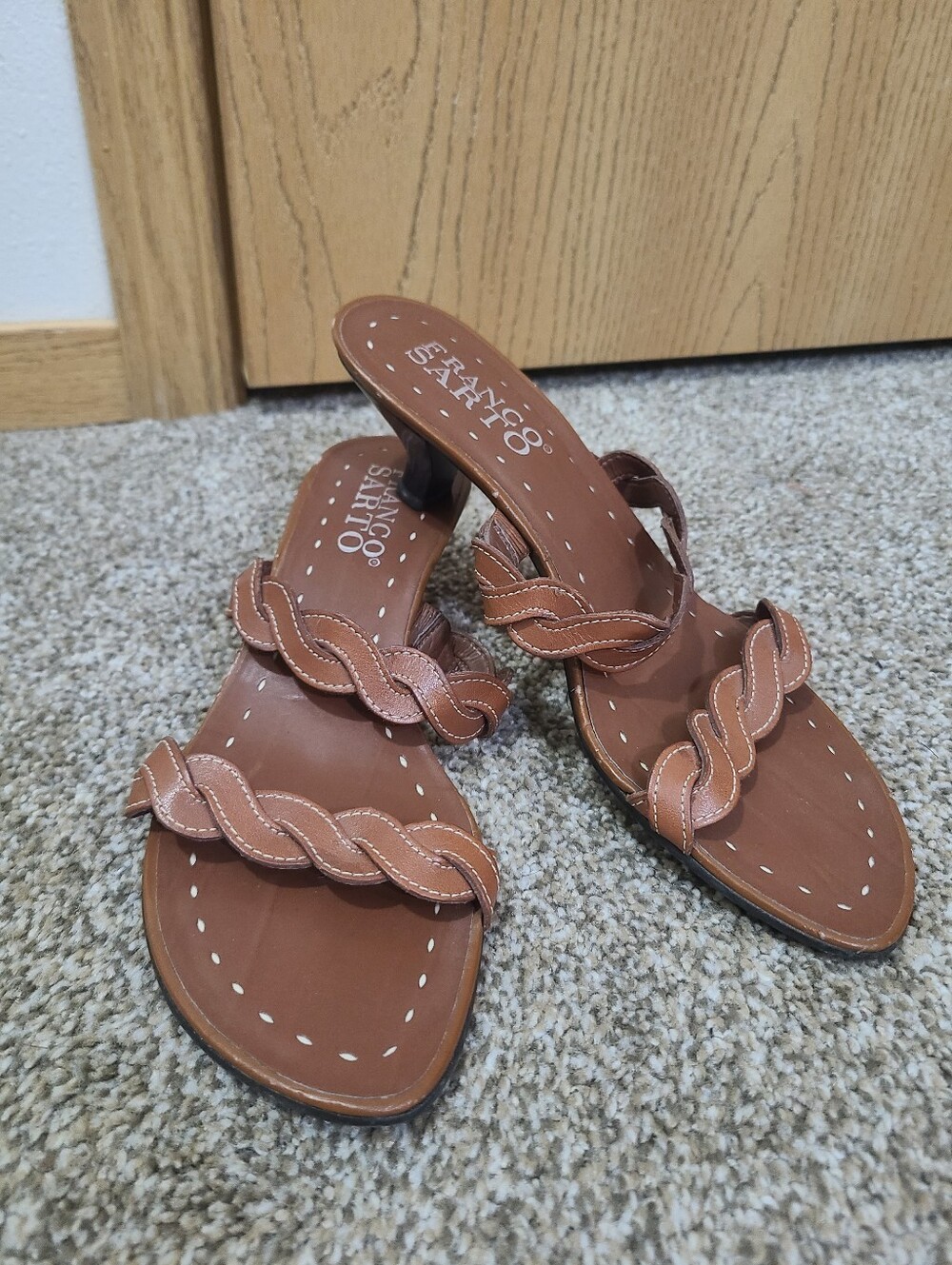 Franco Sarto Y2k Brown Braided Leather Slide Kitten Heel Sandals